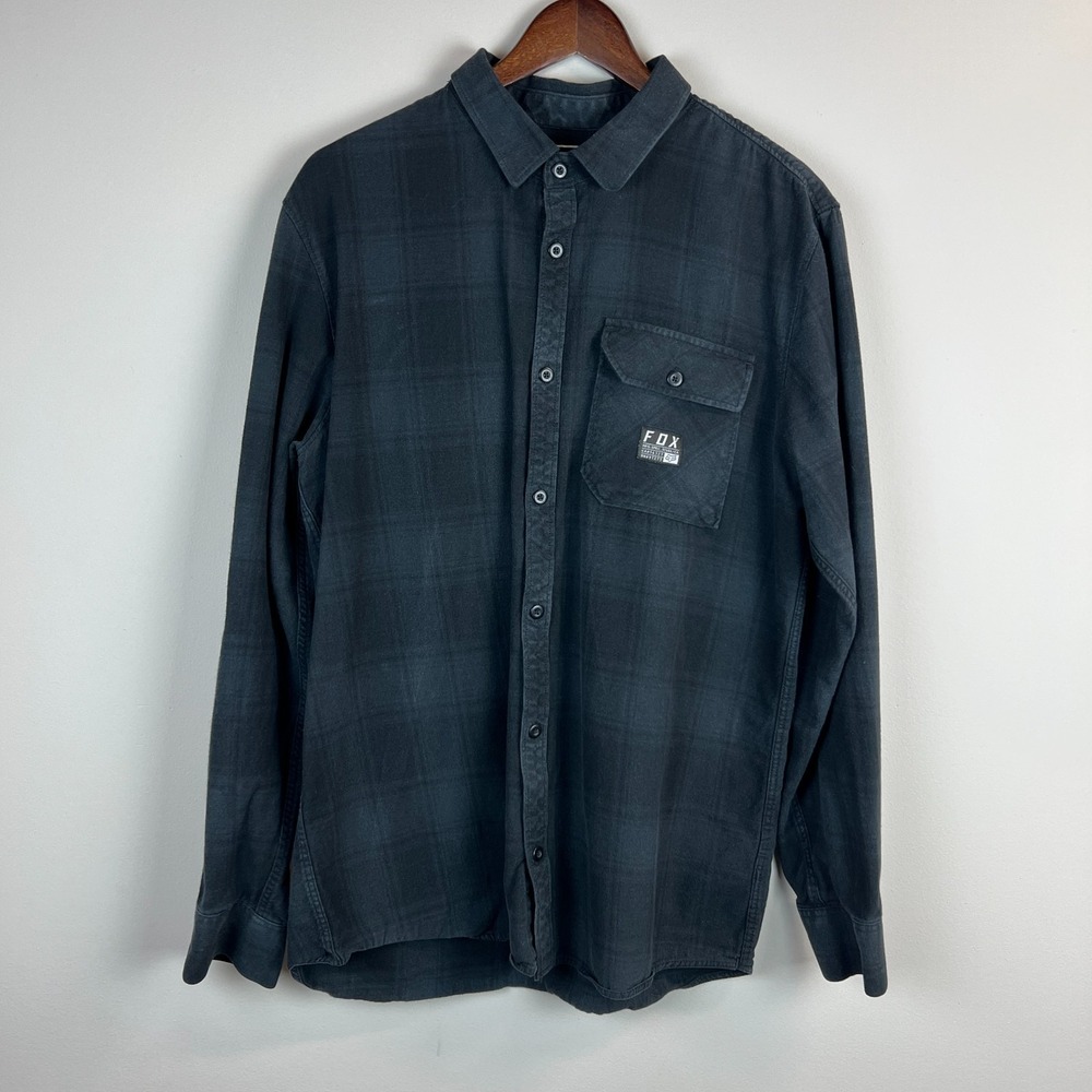 Fox Racing Shirt Mens Large Black Plaid Long Sleeve Casual Button Up Cotton Logo